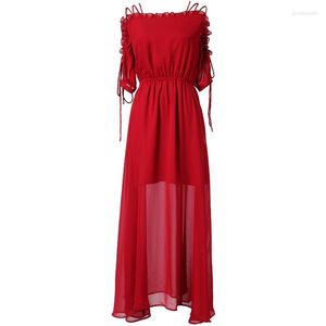 Robes de soirée peut-être U rose rouge noir en mousseline de soie à volants à lacets à manches courtes Maxi longue robe d'été élégant solide D0392