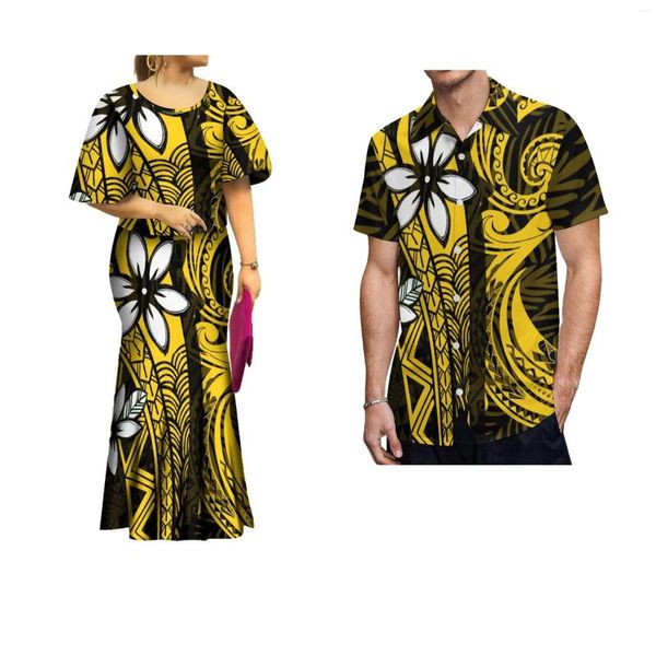 Robes de soirée Personnalité Design de mode Tribal Maxi Fishtail Jupe Femmes Ensemble Samoan Imprimer Bat Manches Collocation Hommes Chemise Ensembles de Couples