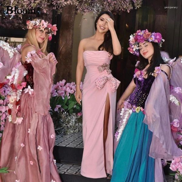 Robes de soirée rose cristal arcs sans bretelles bal haute fendue froncée longueur au sol robe de mariée robes de gala