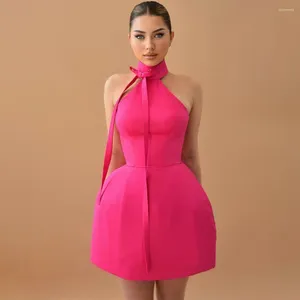 Feestjurken roze avondjurk satijnen hoge kraag halter sexy cocktail voor vrouwen 2024 mouwloze backless jurken mini