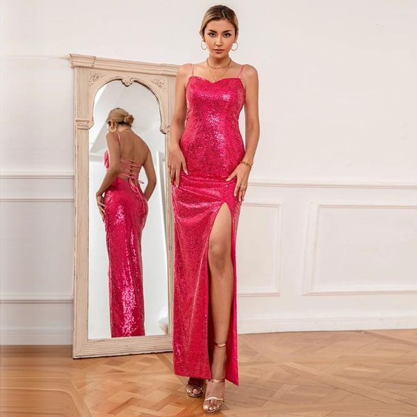 Vestidos de fiesta Pink Prom Spaghetti Stars Side High Split Vestido V Long Vestido 2023 Vestido de noche hasta el tobillo hasta el tobillo hasta el tobillo