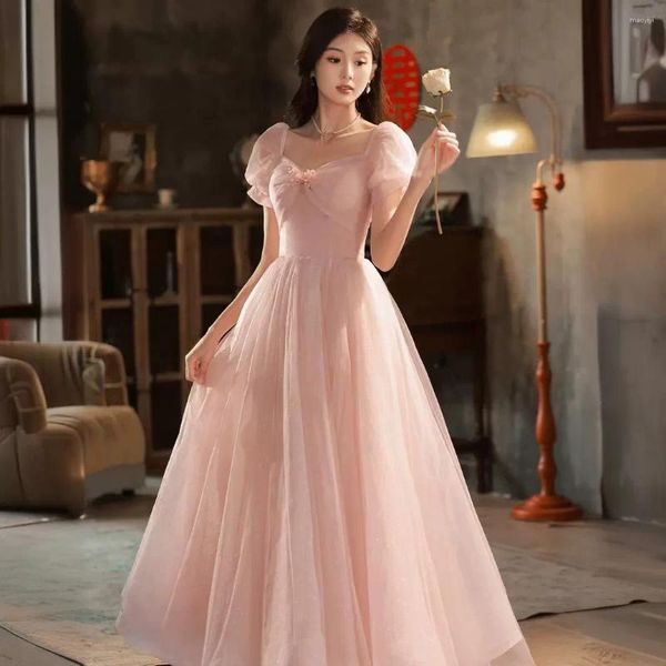 Robes de fête manches bouffantes rose robe de bal de bal de col français