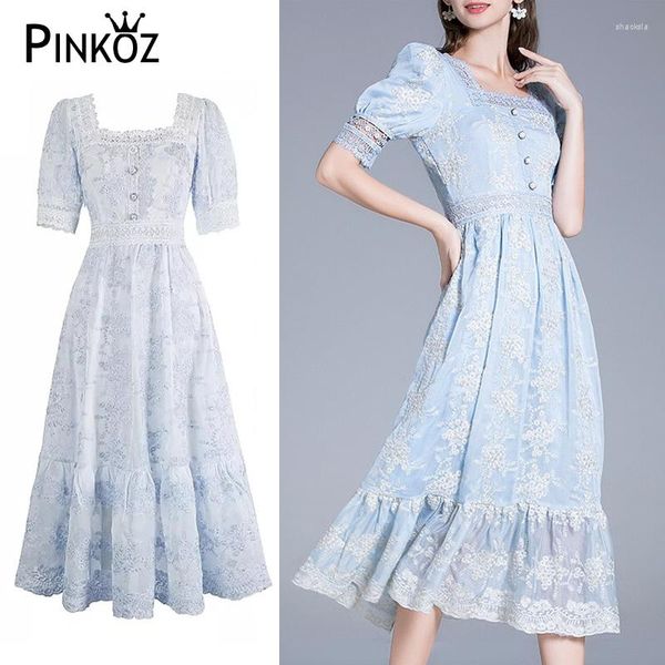 Robes de soirée Pinkoz victorien col carré manches bouffantes bleu clair robe mi-longue haute qualité été brillant soie boutons Vestidos