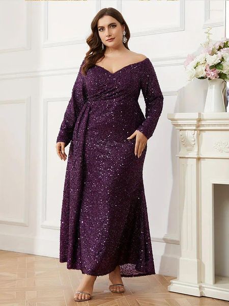 Robes de fête plus taille hors épaule à manches longues paillettes violettes luxueuses robe de soirée de banquet 4xl 5xl grand élégant étincelant