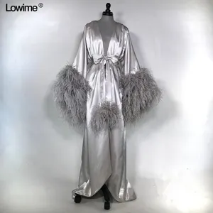 Robes de fête plus taille formelle musulmane argentée avec châssis manches longues robes de danse turques plumes bendkleider