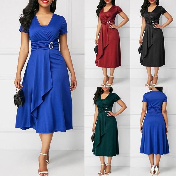 Robes de soirée grande taille femmes à manches courtes col en V ourlet asymétrique taille robe mi-longue serrée robe de club d'été Vestidos