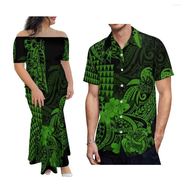 Robes de soirée polynésie Couple personnalisé hommes imprimé motif chemise femmes sans bretelles Sexy longue robe personnalisé Samoa conception