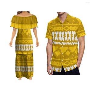 Robes de soirée Polynésienne Double Couche À Volants Deux Pièces Robe Pour Femme Puletasi Chemise Pour Homme Style Fidji Samoa Vêtements De Couple Personnalisables