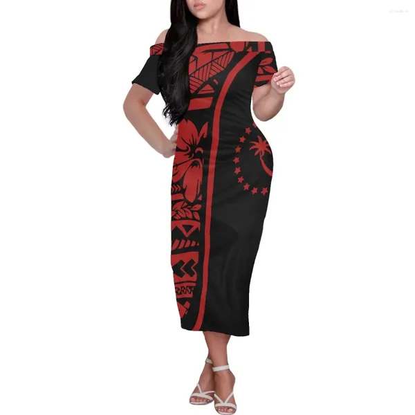 Vestidos de fiesta Ropa tribal polinesia para mujeres Black and Red Print Robe Casual Manga corta abierta fuera del hombro Damas 2024