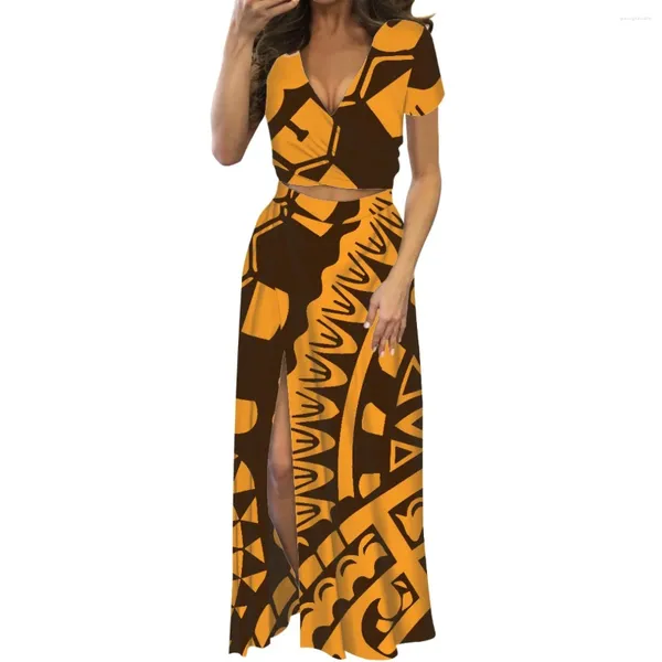 Robes de soirée polynésienne tribale orange totem imprimé robe pour femmes col en v à manches courtes dames 2 pièces arrivée 2023