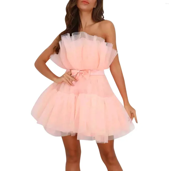 Robes de soirée princesse une ligne robe de graduation tulle avec volants au-dessus du genou longueur sangle sans manches arc soirée de mariage