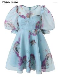 Feestjurken Princess Blue Beautiful Girl Flower Print Organza Ball Jurk Jurk Dress Puff Sleeve Retro Women Swing Short Fairy Mini Robe