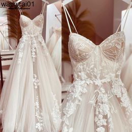 Feestjurken Princess Lace Wedding Jurk Bridal Robe 2022 Vestido Spaghetti BANKS KAPEL TRAIN Champagne Tul trouwjurk Lakshmigown 0408H23