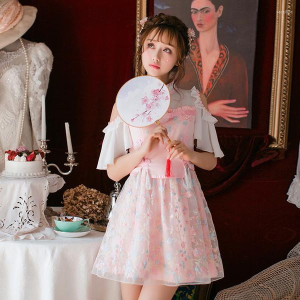 Vestidos de fiesta princesa dulce Lolita vestido Candy Rain japonés sin tirantes gasa bordado de los vestidos modificados C22AB7031