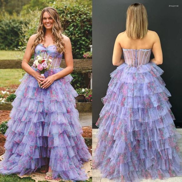 Robes de fête imprimé robe de bal floral lilas corset corset voltes d'hiver printemps de mariage formel de mariage robe d'hôtes concours de gala de gala piste