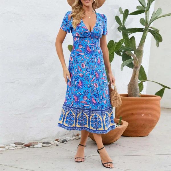 Robes de fête robe imprimée bohème imprime en v cou d'été avec un ourlet patchwork rétro pour les femmes plage de vacances à la longueur de mi-mollet douce