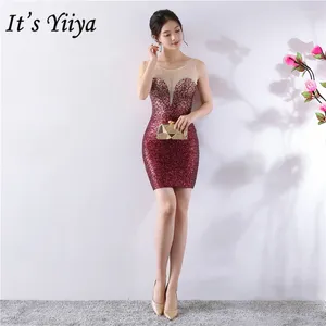 Feestjurken prom jurk it's yiiya dx384 elegante bordeaux glanzende kristal vrouwen nacht o-neck kort vestidos de gala