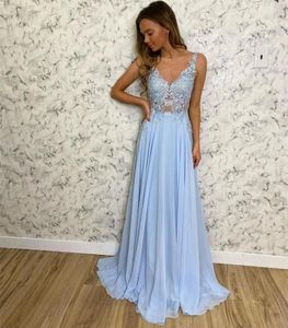 Feestjurken prom Vestido Fiesta Blue Lace Appliqued Backless V Neck Chiffon A Line Illusion Evening Jurns