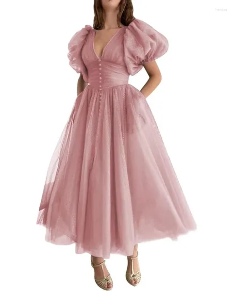 Robes de soirée à manches bouffantes pour femmes, en tulle à pois, col en V, robes de soirée formelles, longueur pour filles, cocktail de retour