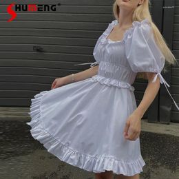 Feestjurken Pure witte bladerhuls Off-Neck Ruffled Fited Taille High Pettiskirt Short 2024 pullover Feminine Mini