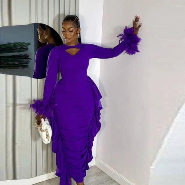 Vestidos de fiesta Púrpura Shared African Prom Feather Mangas largas Vestidos Ruchados Vestidos Rata de vestido formal de talla negra