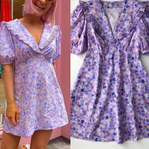 Feestjurken Purple Seade Schelhell Print Mini Dress Dames High Taille Vintage Turn Down Collar Cotton Spring Summer 2024 Lady Robe