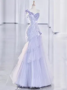 Robes de fête Purple Sequin Mermaid Bride Robe de soirée formelle 3d Floar épaule Tulle Princesse Robe d'anniversaire pour invité de mariage # 18445
