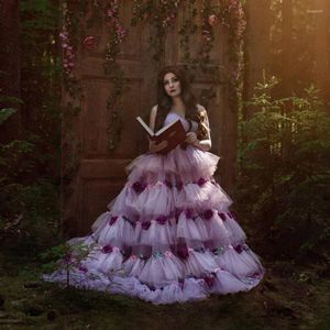 Robes de soirée violet chérie robe de bal luxuriante tulle couches bouffantes soirée florale pour poshoot fée avec train