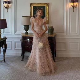 Feestjurken Qanz Dirty Pink Princess Prom Tulle Frill-Layed Tiered Dress Evening Elegante luxe beroemdheid Long 2024