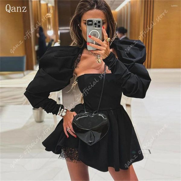 Robes de fête Qanz moderne robe de bal noir sans bretelles courte un vestido de ligne 2024 manches longues détachables en dentelle satin nocturne Plus