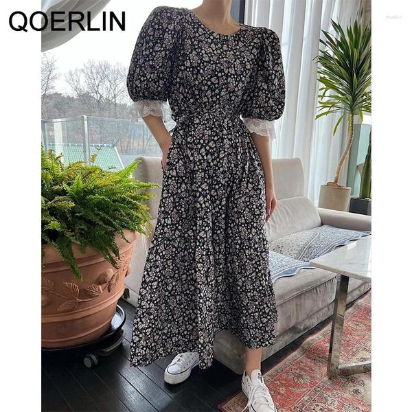 Vestidos de fiesta QOERLIN encaje manga inflada vestido floral mujeres verano elegante impreso largo volantes femenino con cordones maxi vestidos mujer