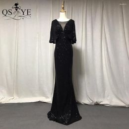 Robes de fête Qsyye noire paillette Sirène sirène sexy v couche ruched bched elegant paille