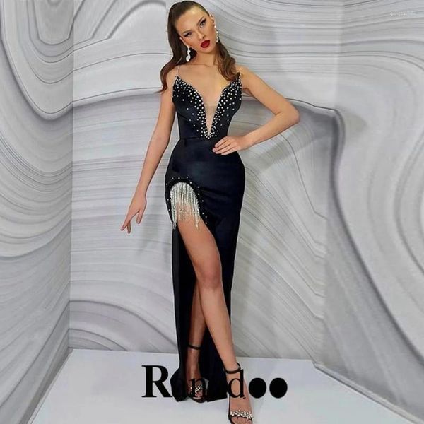 Robes de soirée Ranadoo col en V profond luxe robe de célébrité robe de soirée strass sans manches glands spaghetti sangle trompette longueur de plancher