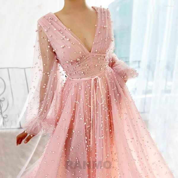 Vestidos de fiesta RANMO 2023 Elegante Baby Pink Tulle Full Pearls Evening Sheer Puff Manga larga Cuello en V Sexy Prom con bolsillos