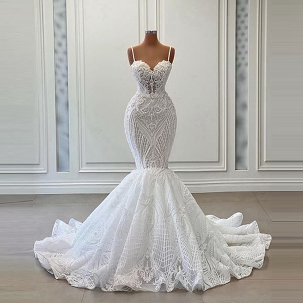 Robes de soirée Real Image Perles Perles Sirène De Mariage Jolie Spaghetti Strap Appliques Dentelle Longue Robe De Mariée Zipper Retour Aller 230222