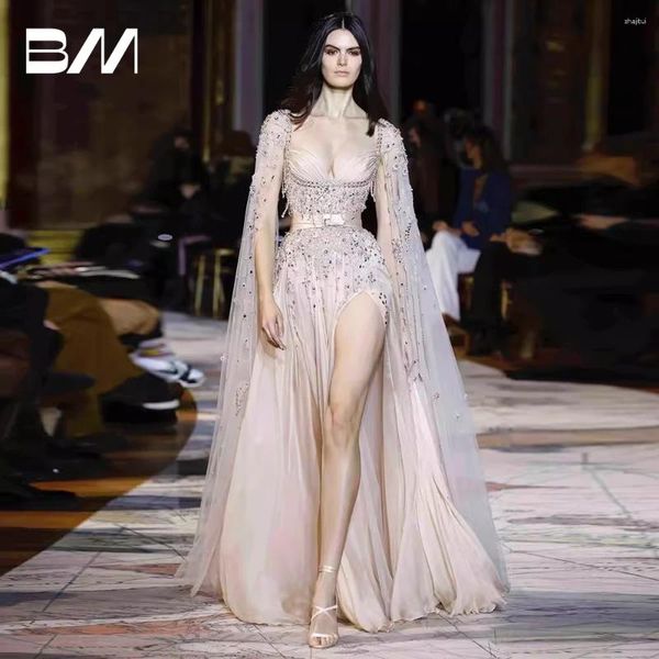Robe de fête Real Images High Slit Femmes Robe de bal avec des perles paillettes de luxe Robe de luxe Style arabe