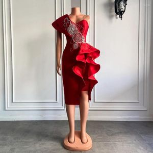 Robes de soirée image réelle cristaux perlés robes formelles plissé sergé Satin court rouge femmes soirée 2023 pour