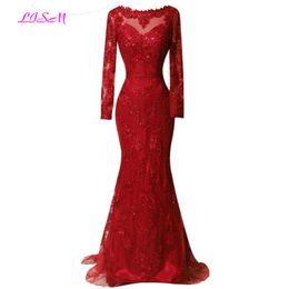 Robes de soirée Real Pos rouge robe de soirée à manches longues dentelle appliques sirène bal élégant longue balayage train robes formelles 230310