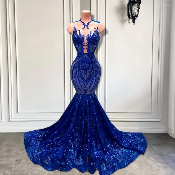 Robes de fête réel échantillon long bal 2024 sirène ajustée style transparent royal bleu scintillant paillettes noires filles gala robes de gala