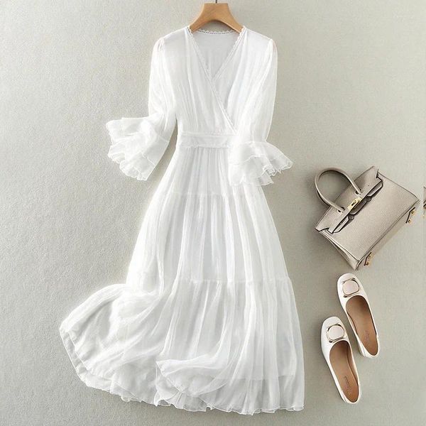 Vestidos de fiesta vestidos de verano de seda real mujeres cintura alta larga blanca para ropa calidad vintage hada zm