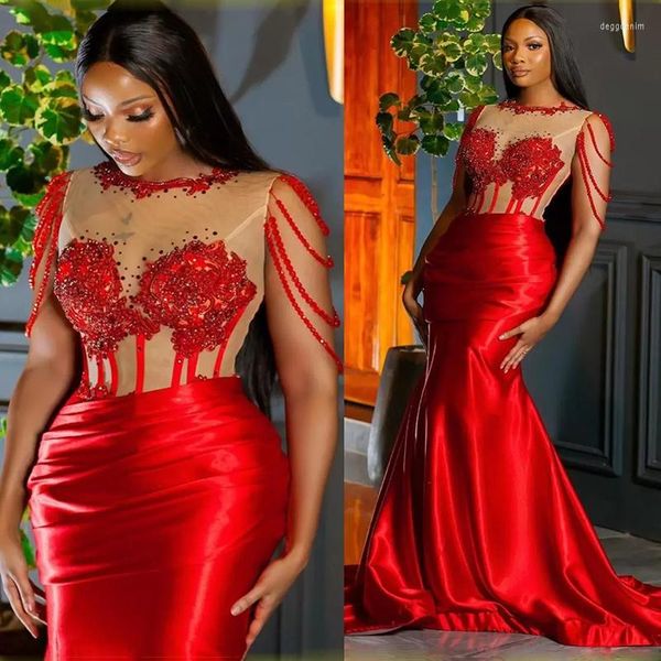 Robes de soirée rouge africain bal haut transparent dentelle Appliques manches cape Satin sirène robes de soirée fermeture éclair dos robe 2023