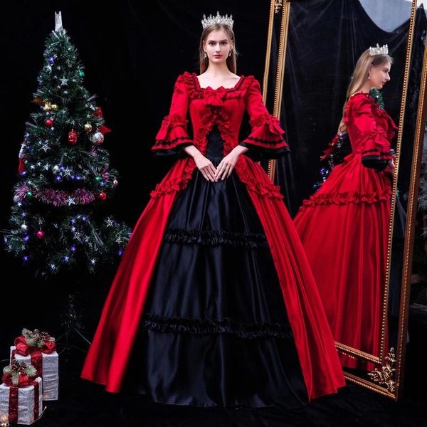 Robes de fête Mariage en coton rouge |Robe de Noël d'anniversaire Costumes de théâtre de robe de bal victorienne