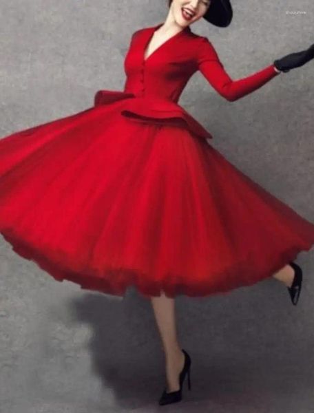 Vestidos de fiesta rojo elegante vestido de noche vintage con cuello en v mangas largas hasta la rodilla tul vestido formal vestidos de fiesta de fiesta
