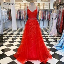 Vestidos de fiesta Red Evening Spaghetti Straps Beads Cinturón Tulle Un vestido de baile de baile de longitud de longitud hecha con vestidos de casa formales