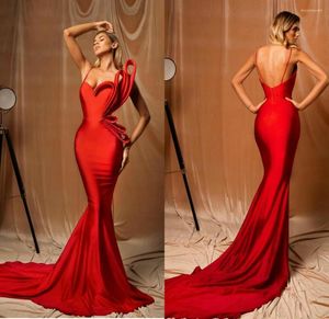 Feestjurken Red Mermaid Prom Spaghetti Satijn sexy lange formele jurk avondkleding met ruches banketjurken 2023