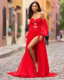 Feestjurken Rode Sweetheart Fairy Prom met lange mouwen chiffon kralen volledige lengte vestidos gala avondjurk dragen