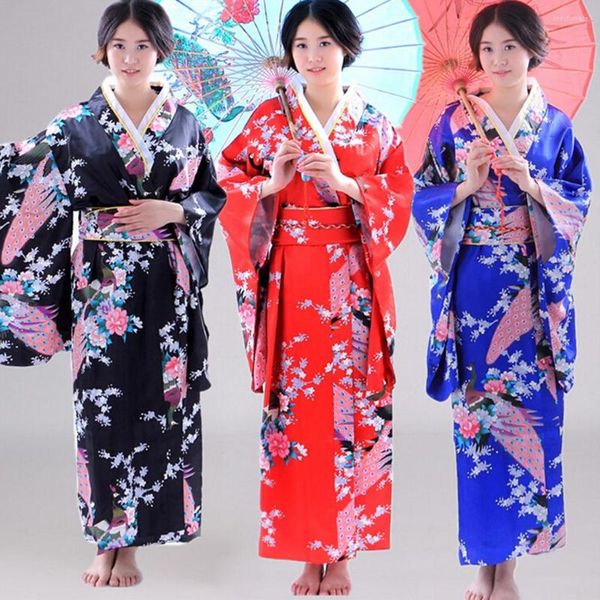Vestidos de fiesta, Kimono japonés Vintage rojo para mujer, vestido de baño, Yukata de seda sintética para mujer con Obi, vestido de baile, ropa de Cosplay