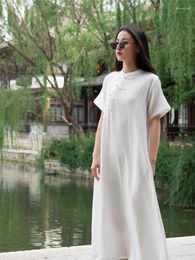 Vestidos de fiesta retro Mejorar el estilo Cheongsam Women Spring Summer Summer informal de algodón y lino Capacal Button
