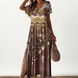 Robes de fête tenue d'inspiration rétro robe imprimée rétro colorée V cou maxi pour femmes de style ethnique de style ethnique plage