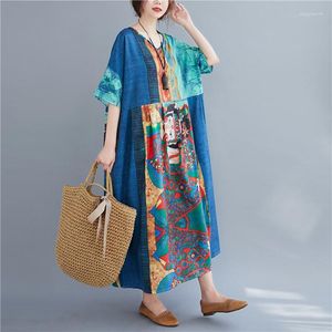 Robes de soirée Rétro Robe de plage surdimensionnée Imprimer Graffiti Col V Jupe longue Été Manches courtes Lâche Big Swing Plus Taille Boho pour les femmes